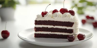 Delicious chocolate cake with cherries served on a plate in a bright kitchen setting photo