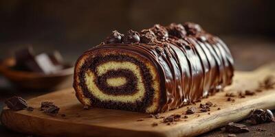 Delicious chocolate roulade displayed on a wooden board surrounded by chocolate pieces photo