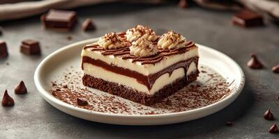 Delicious chocolate dessert served on a white plate at a cozy cafe during afternoon hours photo