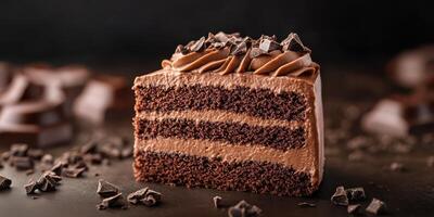 Rich chocolate layer cake with decadent frosting and chocolate shavings on black background photo