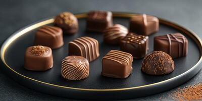Assorted handmade chocolates arranged elegantly on a black plate in a dimly lit setting photo