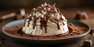 Delicious dessert featuring creamy pavlova topped with chocolate shavings and sauce on a rustic wooden table photo