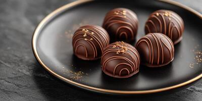 Decadent chocolate truffles arranged on a sleek black plate with elegant detailing photo