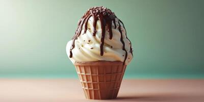 Delicious ice cream cone topped with chocolate drizzle and sprinkles on a wooden table photo