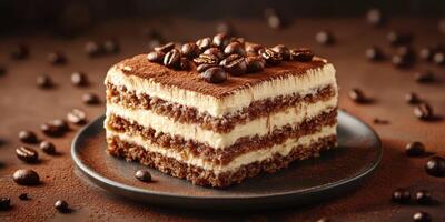 Deliciously layered dessert with coffee beans on top served in a rustic setting photo