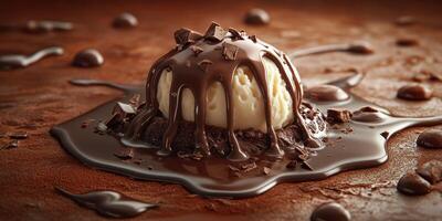 Decadent dessert featuring chocolate sauce and ice cream served on a silky backdrop photo