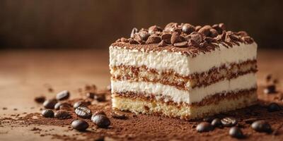 Delicious dessert with layers of cream and coffee on wooden surface in warm light photo