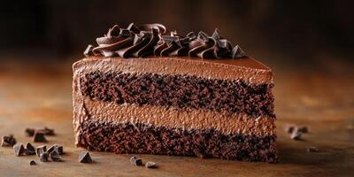 Moist chocolate cake slice with rich frosting and chocolate shavings on a wooden surface photo