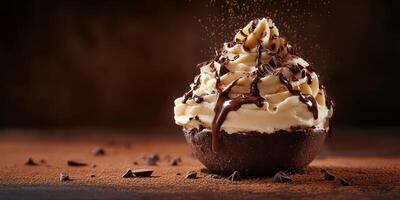 Decadent chocolate dessert topped with creamy frosting and chocolate shavings on a rustic wooden table photo