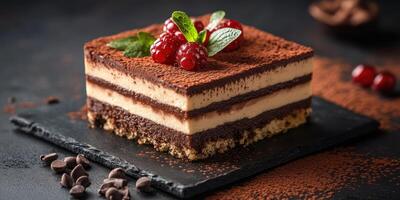 Delicious layered dessert with chocolate, cream, and fresh berries on a rustic black slate plate photo