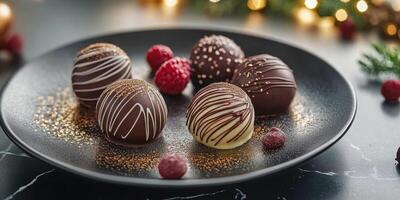 Delicious chocolate truffles on a stylish black plate decorated for a festive celebration photo