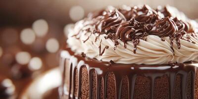 Chocolate cake with rich frosting and decorative swirls captured in a cozy setting photo