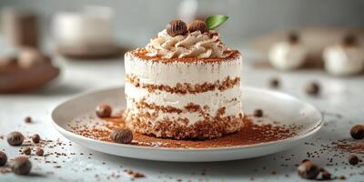 Chocolate dessert delight garnished with chocolate truffles and mint on a white plate in a cozy setting photo