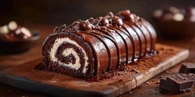 Chocolate roll cake with cream filling and chocolate drizzle displayed on a wooden board photo