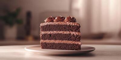 Chocolate layer cake on a plate with frosting in a cozy indoor setting during daylight photo