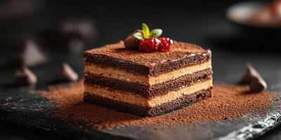 Decadent chocolate dessert layered with creamy filling on a dark slate plate, garnished with fresh raspberries and mint photo