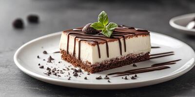 Delicious chocolate dessert served on a white plate with mint garnish and chocolate drizzle in a cozy setting photo