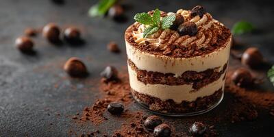 Delicious dessert with layers of cream, chocolate, and coffee on dark textured surface photo
