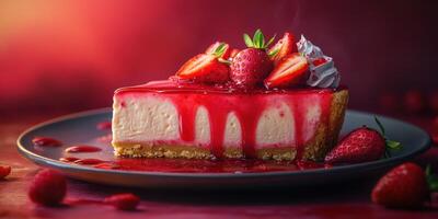 Delicious strawberry cheesecake served on a dark plate with vibrant red sauce and fresh berries photo