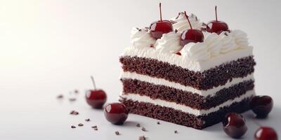 Tempting chocolate cake adorned with cherries and whipped cream served on a clean background photo
