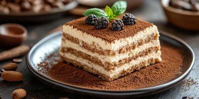 Delicious dessert features layers of creamy tiramisu topped with blackberries and mint in a cozy kitchen setting photo