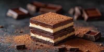 Layers of chocolate dessert with rich cream and cocoa powder on a dark surface photo