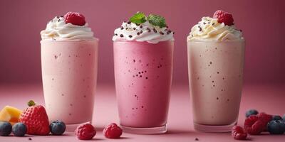 Colorful milkshakes with whipped cream and fresh fruit on a pink backdrop photo