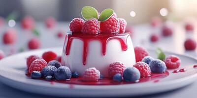 Decadent dessert topped with fresh raspberries and blueberries served at a cozy cafe photo