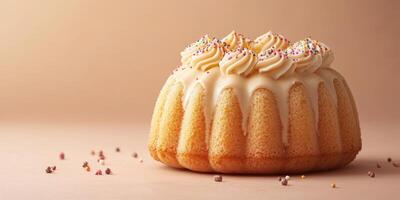 Deliciously decorated bundt cake with creamy frosting and colorful sprinkles on a neutral background photo