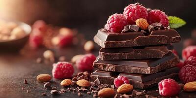 Dark chocolate stack topped with fresh raspberries and almonds on a dark surface photo