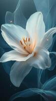 Delicate white lily blooms gracefully against a soft blue background, showcasing fine details and gentle lighting effects photo