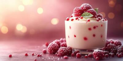 Delicious raspberry dessert served in a glass with fresh berries and mint at a festive gathering photo