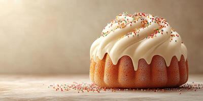 Delicious bundt cake with cream frosting and colorful sprinkles on a smooth surface photo