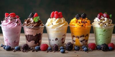 Various delicious ice cream desserts arranged in cups on a wooden table with fresh fruits and chocolate decorations photo