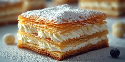 Delicious layers of creamy pastry topped with powdered sugar and served on a bright table photo