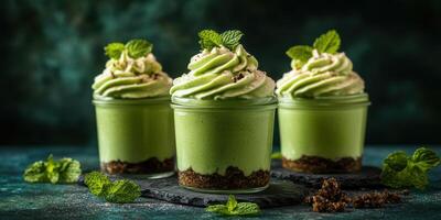Delicious mint chocolate mousse served in elegant glass jars with chocolate crust and mint leaves photo