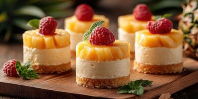 Delicious mini cheesecakes topped with pineapple and raspberries on a wooden cutting board photo