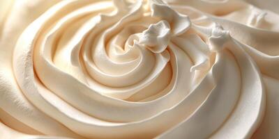 Cream swirls create intricate patterns on a dessert surface in an inviting kitchen setting during golden hour photo