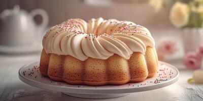 Deliciously decorated bundt cake ready for a celebration in a cozy kitchen setting photo