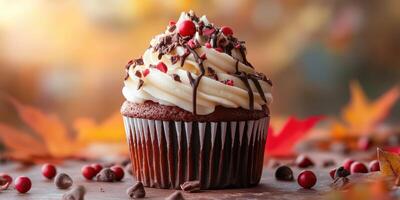 Delicious chocolate cupcake with creamy frosting and festive toppings during autumn season on a rustic table photo