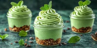 Delicious mint dessert in cups garnished with fresh mint leaves on a green textured background photo