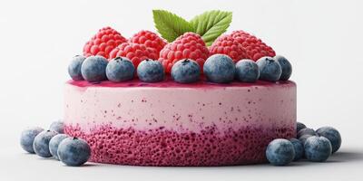 Delicious raspberry and blueberry cake garnished with fresh fruit and mint leaves at a bright kitchen setting photo
