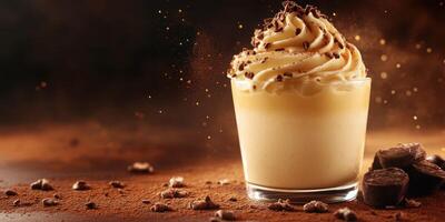 Creamy dessert topped with chocolate shavings and whipped cream served in a glass photo