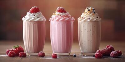 Colorful milkshakes topped with whipped cream and fruit served in tall glasses on a wooden table photo