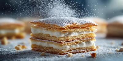 Layered pastry dessert with cream and powdered sugar captured in a kitchen setting photo
