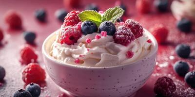 Delicious dessert featuring whipped cream, berries, and mint in a cozy setting photo