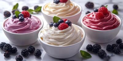 Decadent assortment of frozen desserts with fresh berries presented on a marble surface in a delightful arrangement photo