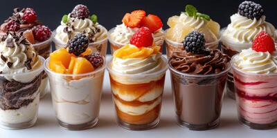 Decadent variety of layered desserts displayed in clear cups at a dessert shop photo