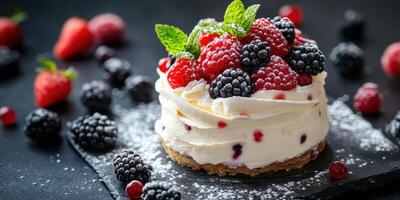Delicious berry cheesecake with fresh raspberries and blackberries on a decorative plate photo