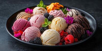 Colorful assortment of handmade ice cream scoops served with fresh berries and edible flowers on a black plate photo
